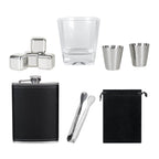 Set de bar con licorera con funda de curpiel, vaso de cristal, mini vasos metálicos, cubos enfriadores y caja rígida de regalo personalizada.