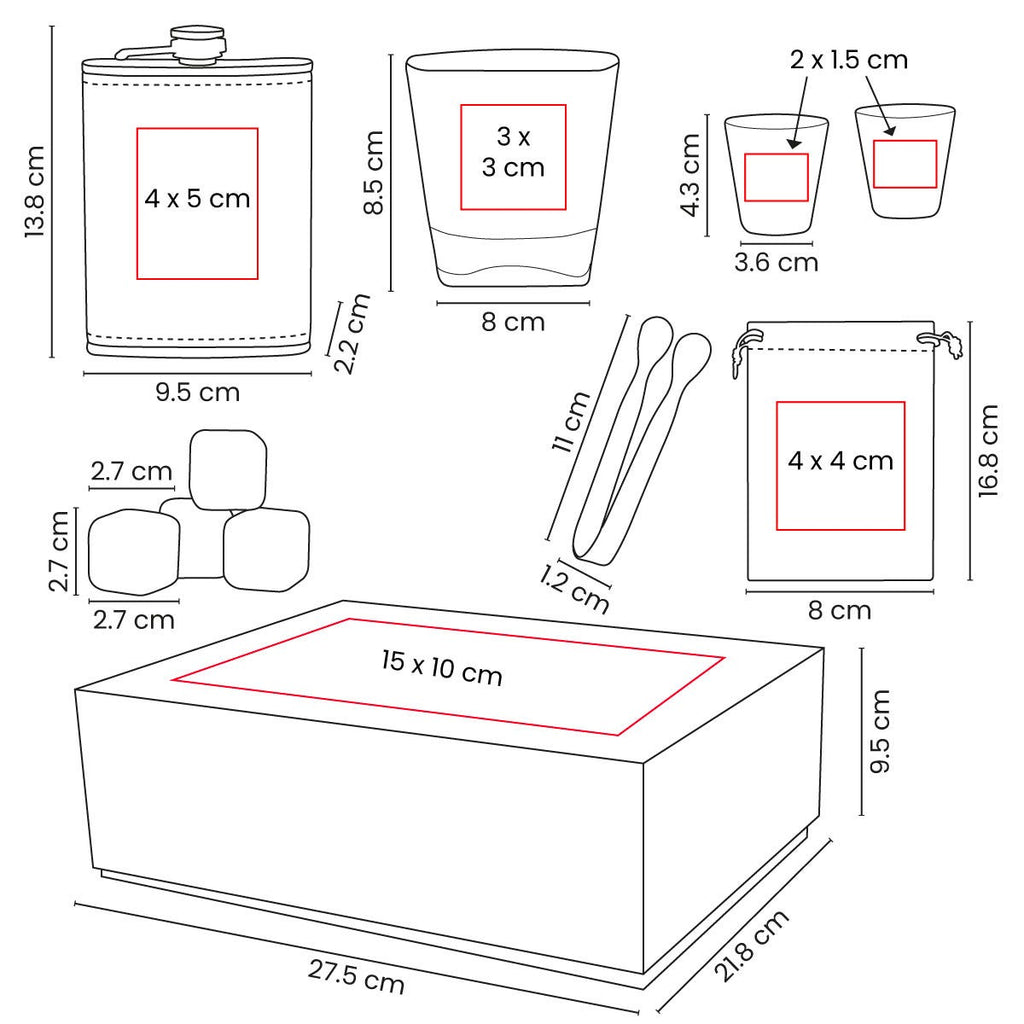 Set de bar con licorera con funda de curpiel, vaso de cristal, mini vasos metálicos, cubos enfriadores y caja rígida de regalo personalizada.