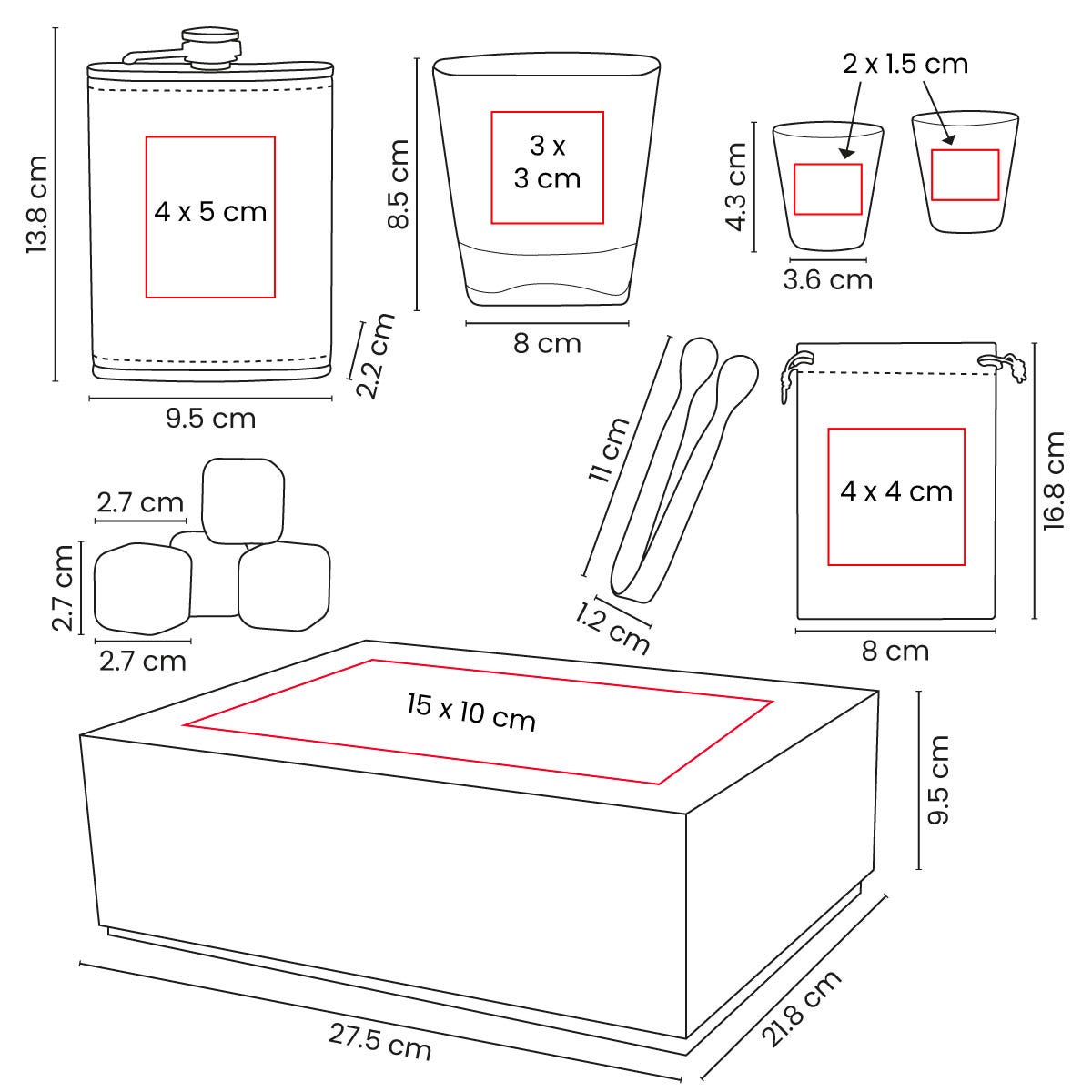 Set de bar con licorera con funda de curpiel, vaso de cristal, mini vasos metálicos, cubos enfriadores y caja rígida de regalo personalizada.