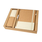Kit ecológico personalizado con libreta, bolsa de algodón tipo tote, bolígrafo y caja de presentación para empresas.
