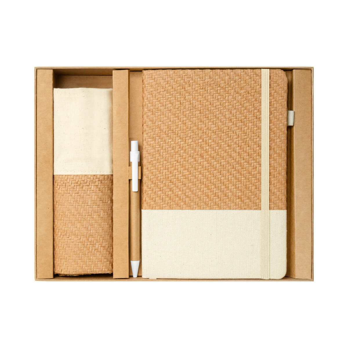 Kit ecológico personalizado con libreta, bolsa de algodón tipo tote, bolígrafo y caja de presentación para empresas.