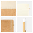 Kit ecológico personalizado con libreta, bolsa de algodón tipo tote, bolígrafo y caja de presentación para empresas.