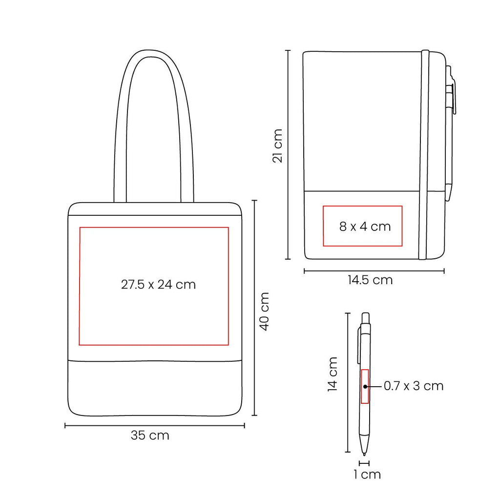 Kit ecológico personalizado con libreta, bolsa de algodón tipo tote, bolígrafo y caja de presentación para empresas.