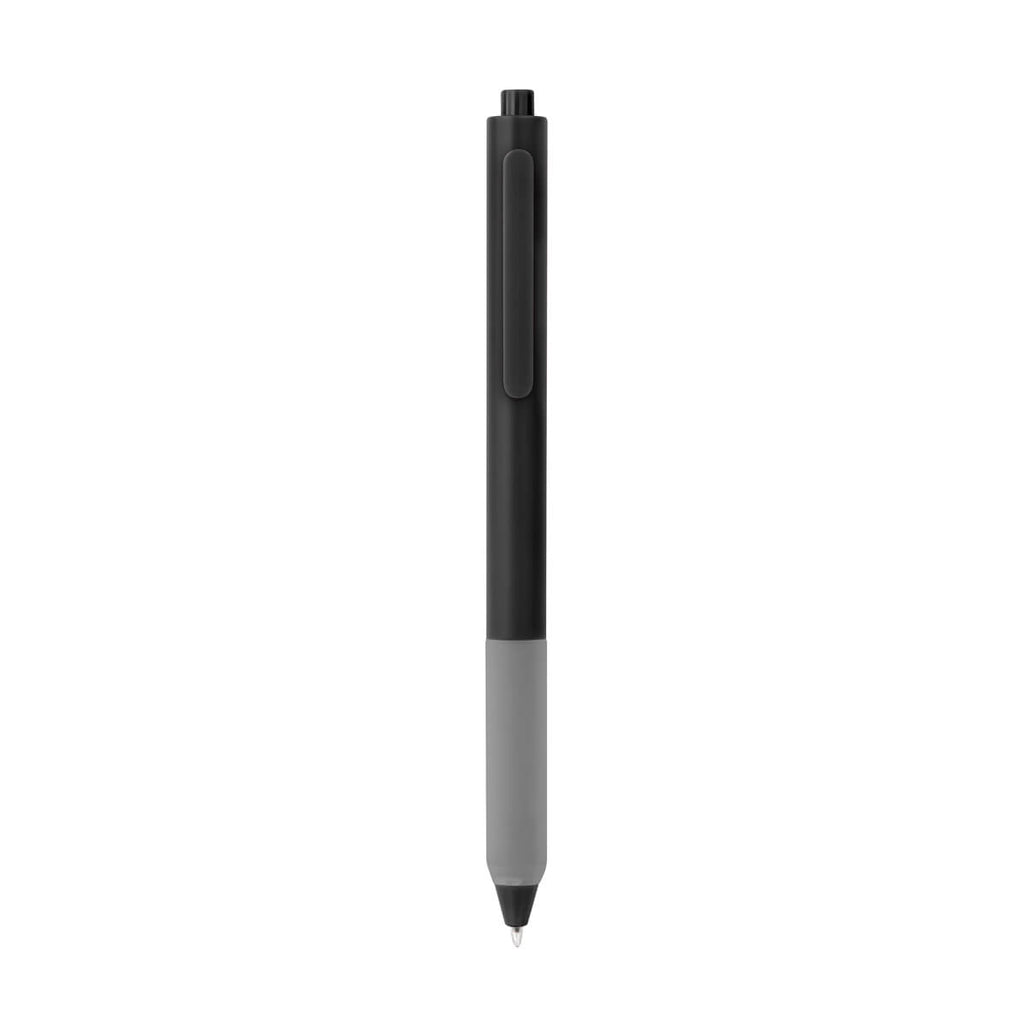 Bolígrafo de plástico personalizado con grip de silicón antiderrapante, mecanismo pulsador y tinta negra para empresas.