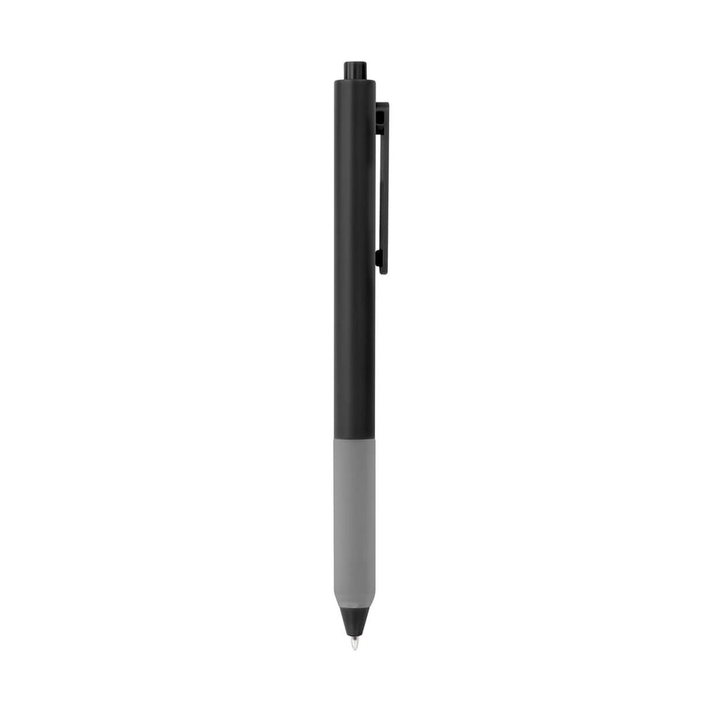 Bolígrafo de plástico personalizado con grip de silicón antiderrapante, mecanismo pulsador y tinta negra para empresas.