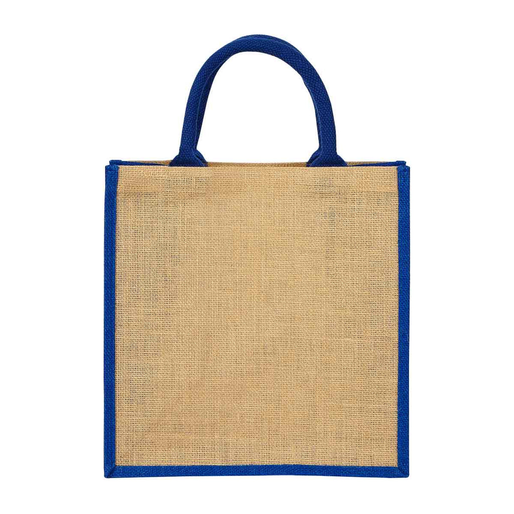 Bolsa de yute personalizada con fuelle, interior plastificado y asas redondeadas para promociones empresariales.