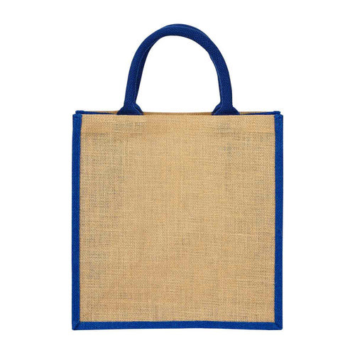Bolsa de yute personalizada con fuelle, interior plastificado y asas redondeadas para promociones empresariales.
