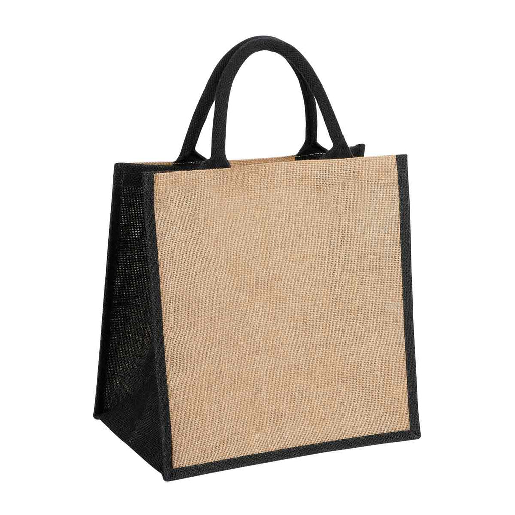 Bolsa de yute personalizada con fuelle, interior plastificado y asas redondeadas para promociones empresariales.