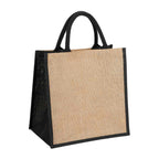 Bolsa de yute personalizada con fuelle, interior plastificado y asas redondeadas para promociones empresariales.