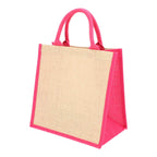 Bolsa de yute personalizada con fuelle, interior plastificado y asas redondeadas para promociones empresariales.