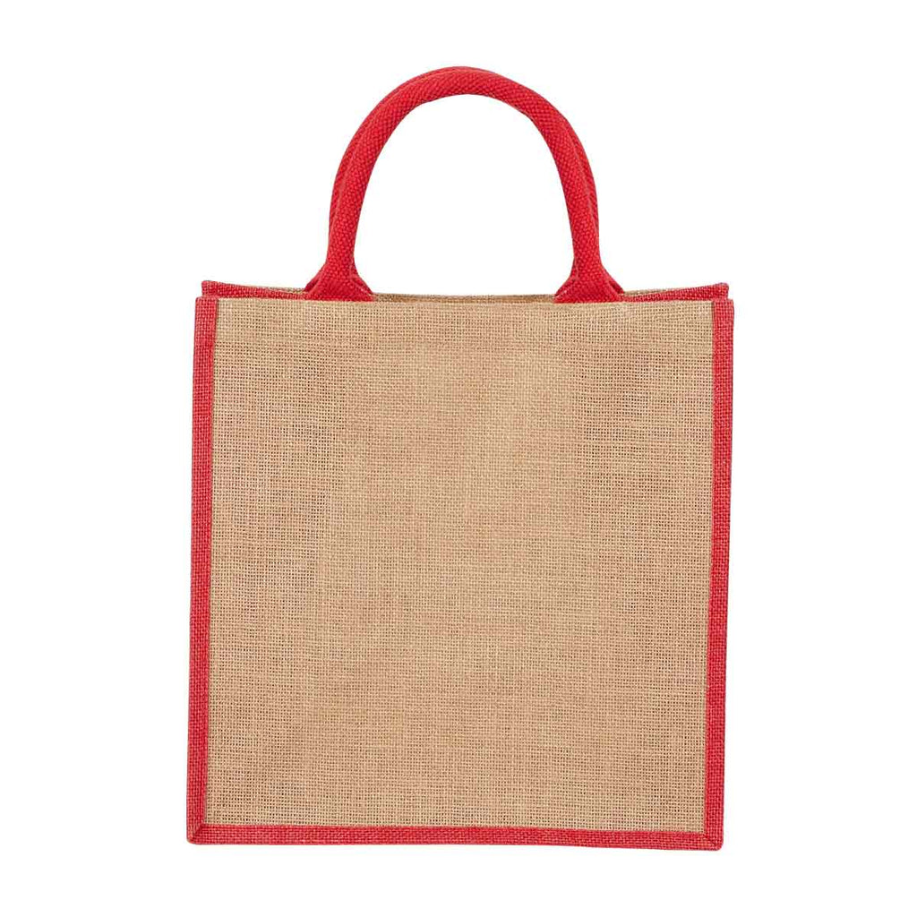 Bolsa de yute personalizada con fuelle, interior plastificado y asas redondeadas para promociones empresariales.