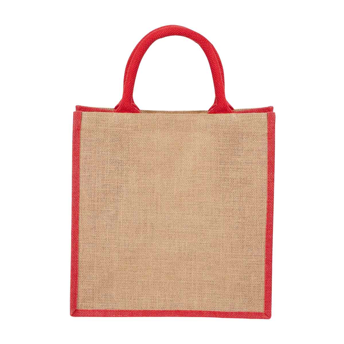 Bolsa de yute personalizada con fuelle, interior plastificado y asas redondeadas para promociones empresariales.