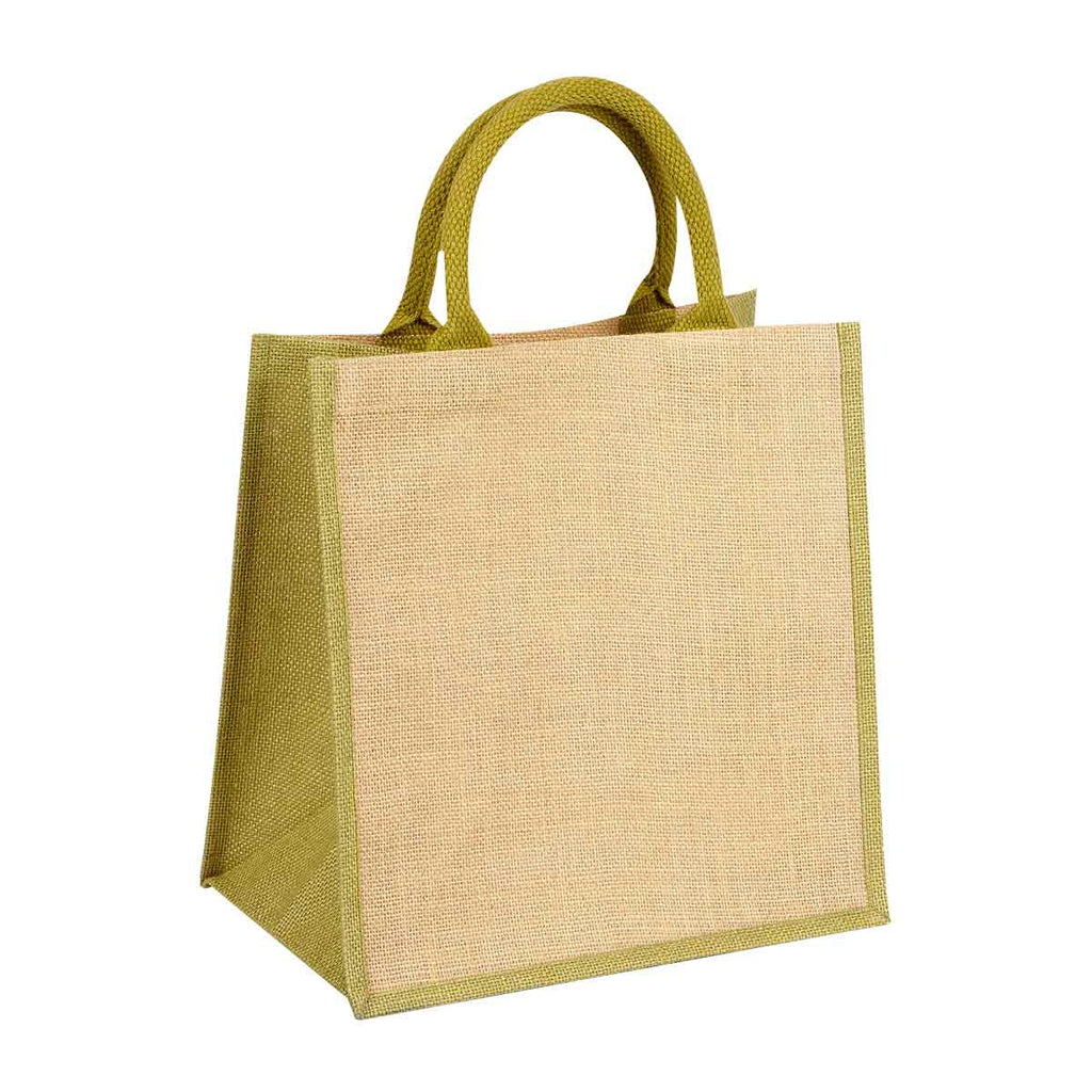 Bolsa de yute personalizada con fuelle, interior plastificado y asas redondeadas para promociones empresariales.