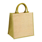 Bolsa de yute personalizada con fuelle, interior plastificado y asas redondeadas para promociones empresariales.
