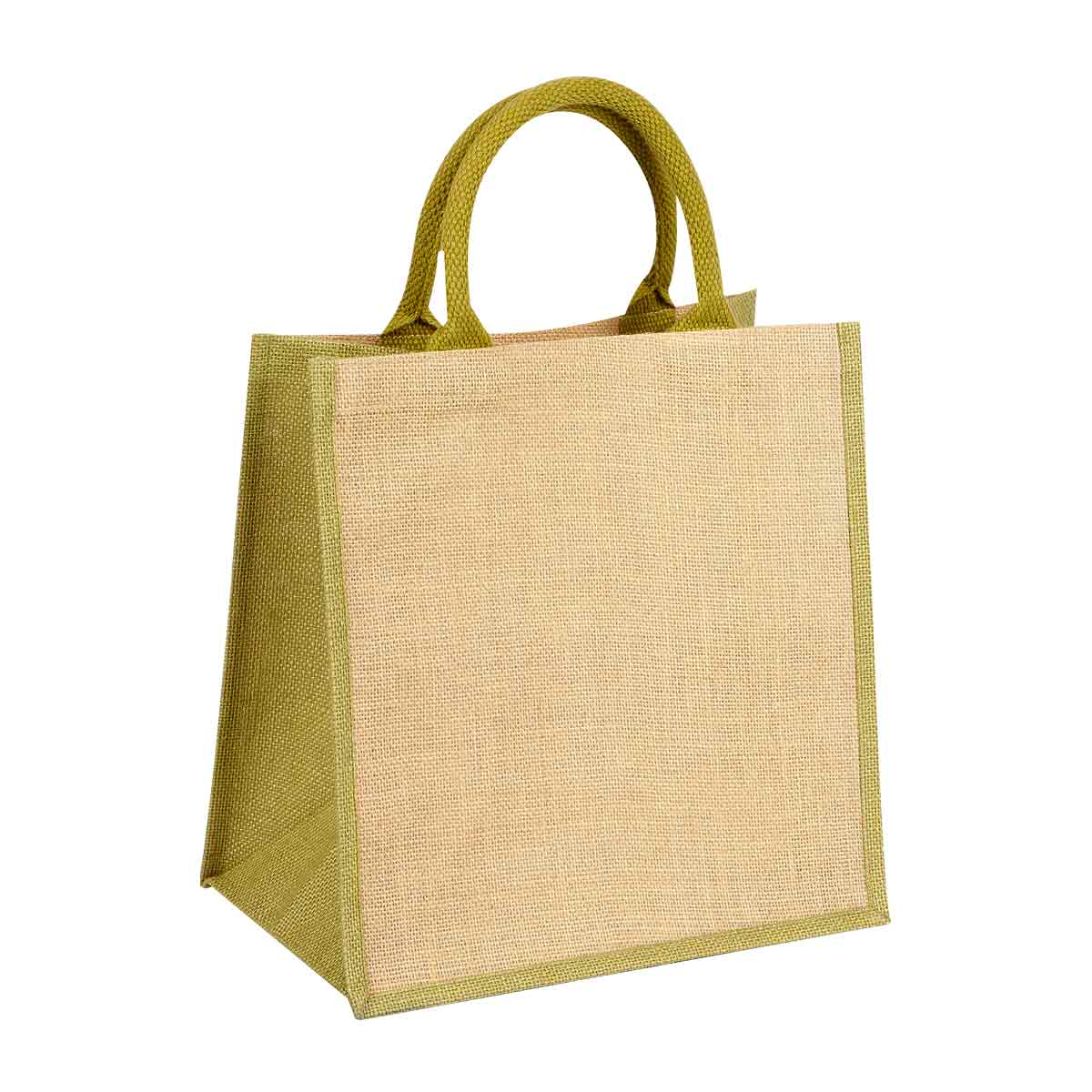Bolsa de yute personalizada con fuelle, interior plastificado y asas redondeadas para promociones empresariales.