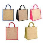 Bolsa de yute personalizada con fuelle, interior plastificado y asas redondeadas para promociones empresariales.