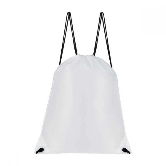 Bolsa mochila promocional personalizada con cordón y cierre de jareta para eventos corporativos y campañas publicitarias.