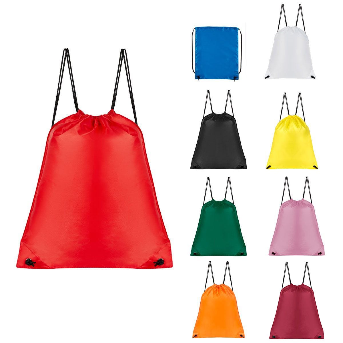 Bolsa mochila promocional personalizada con cordón y cierre de jareta para eventos corporativos y campañas publicitarias.