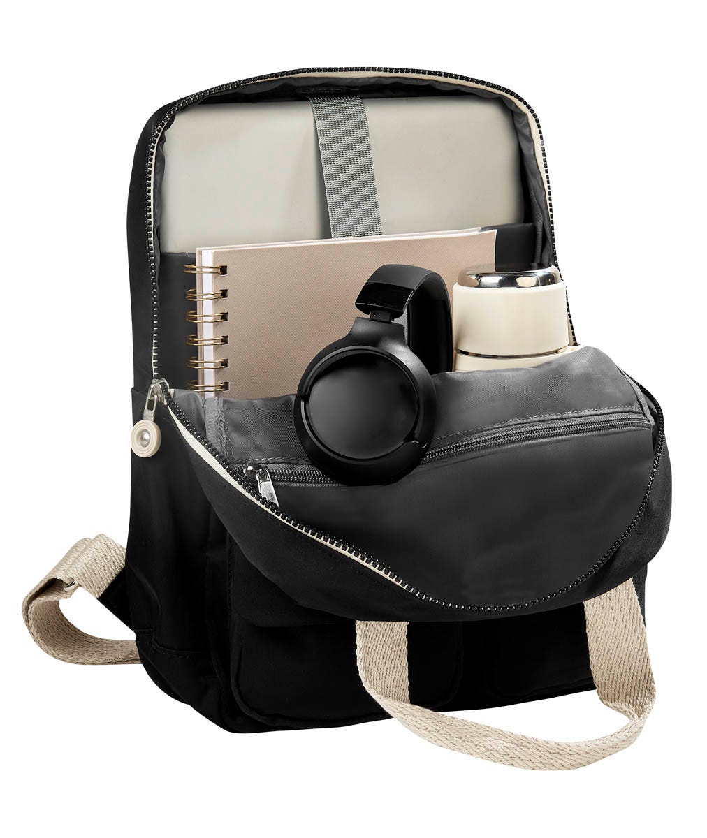 Mochila casual promocional personalizada para empresas con compartimento para laptop de 13 pulgadas y múltiples bolsillos organizadores.