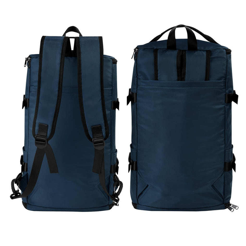 Mochila maleta promocional personalizada para empresas con compartimento para laptop de 17 pulgadas y espacio independiente para calzado.