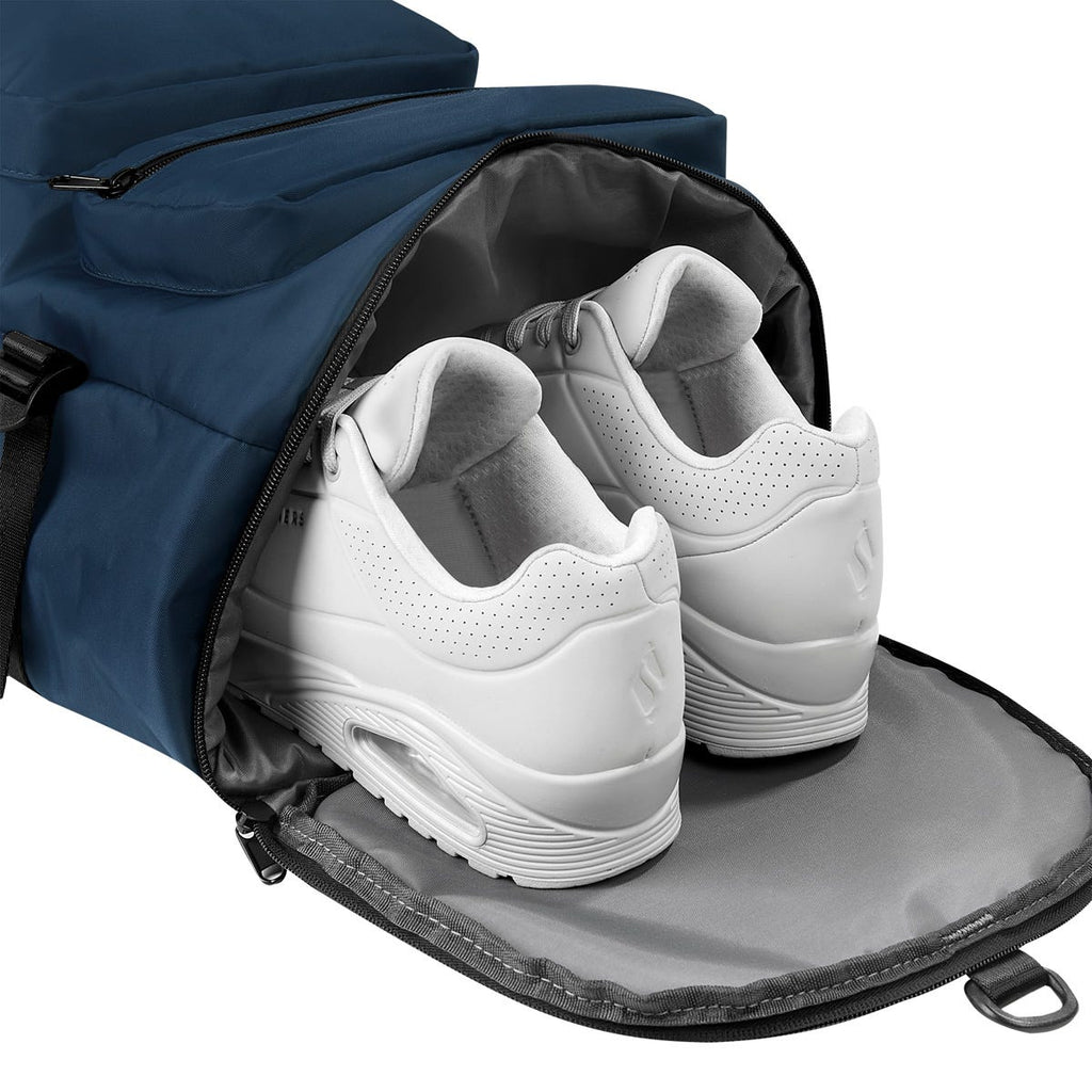 Mochila maleta promocional personalizada para empresas con compartimento para laptop de 17 pulgadas y espacio independiente para calzado.