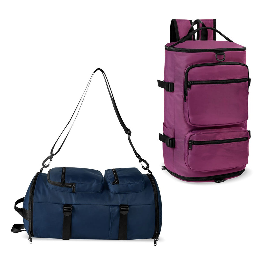 Mochila maleta promocional personalizada para empresas con compartimento para laptop de 17 pulgadas y espacio independiente para calzado.