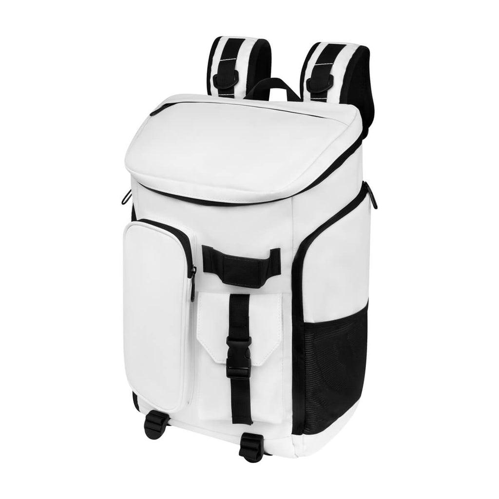 Mochila de viaje promocional personalizada para empresas con compartimento para laptop de 16 pulgadas y bolsillos laterales funcionales.