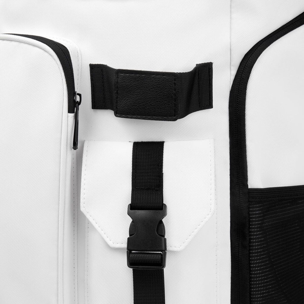 Mochila de viaje promocional personalizada para empresas con compartimento para laptop de 16 pulgadas y bolsillos laterales funcionales.