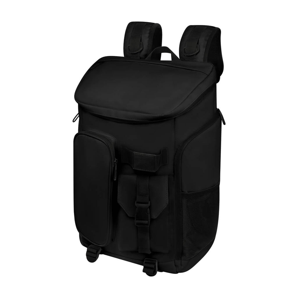 Mochila de viaje promocional personalizada para empresas con compartimento para laptop de 16 pulgadas y bolsillos laterales funcionales.