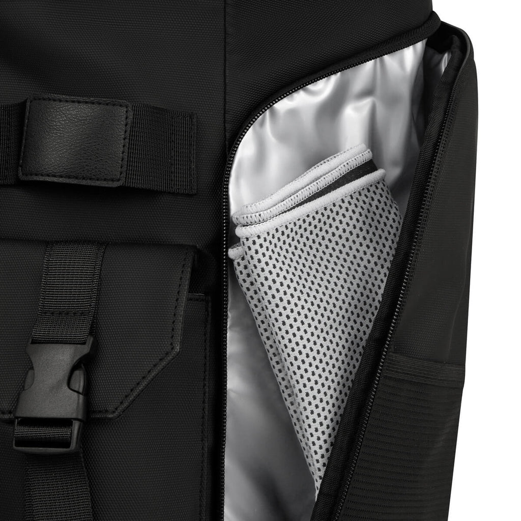 Mochila de viaje promocional personalizada para empresas con compartimento para laptop de 16 pulgadas y bolsillos laterales funcionales.