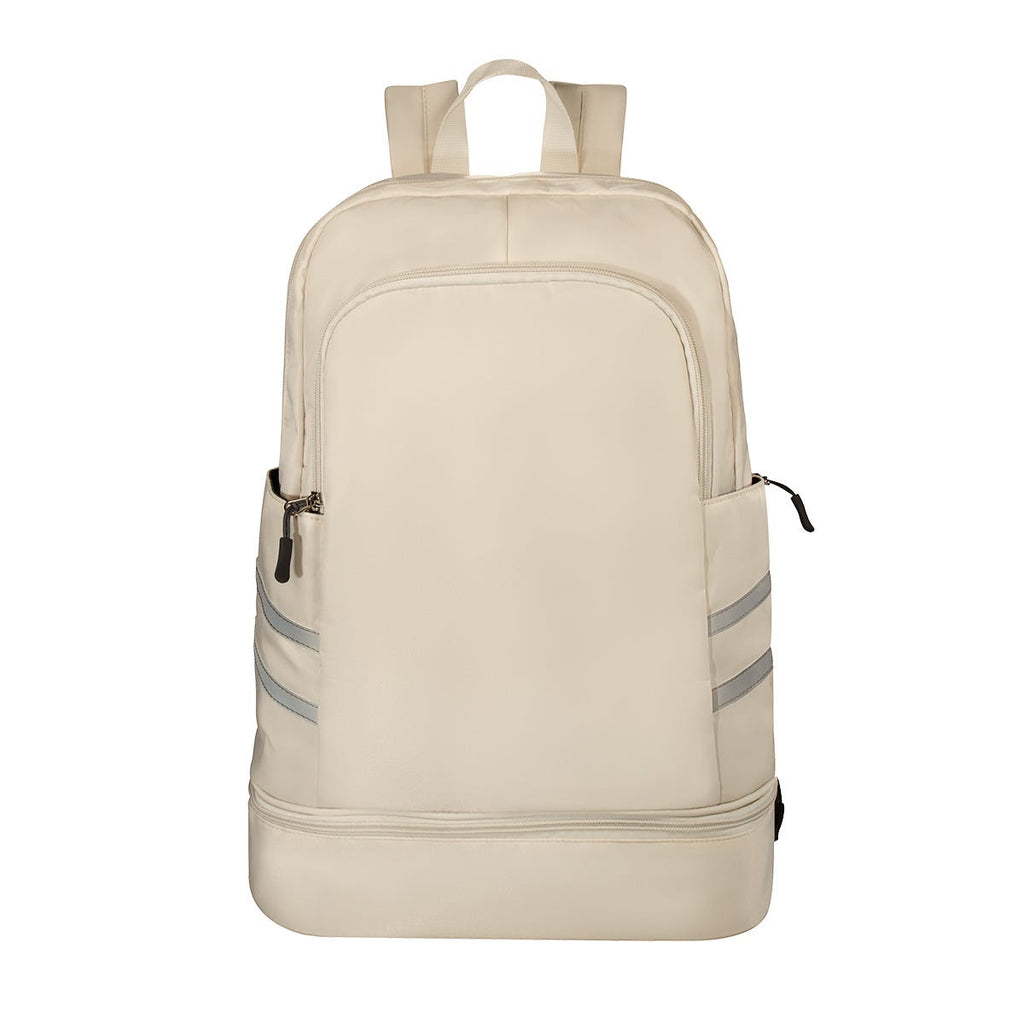 Mochila deportiva promocional personalizada con compartimento para calzado y bolsillo impermeable para ropa húmeda.