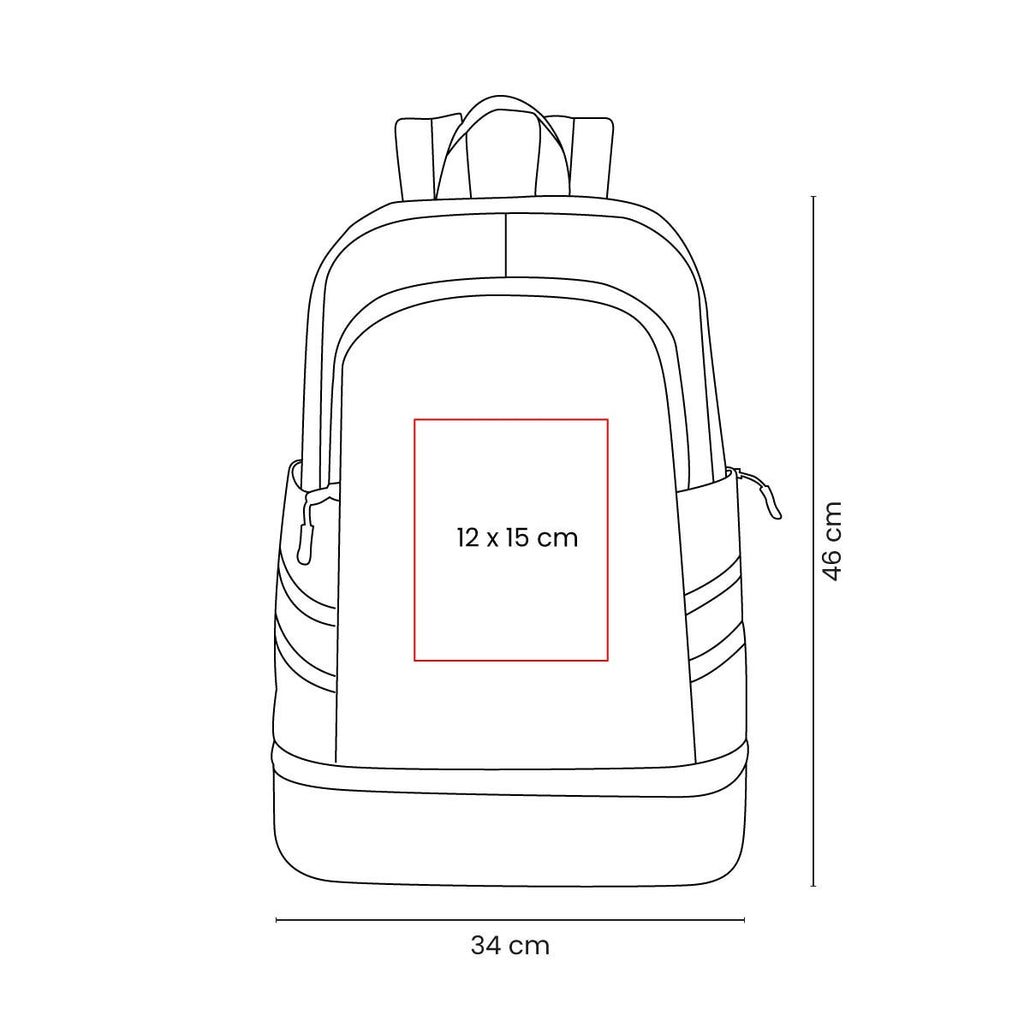 Mochila deportiva promocional personalizada con compartimento para calzado y bolsillo impermeable para ropa húmeda.