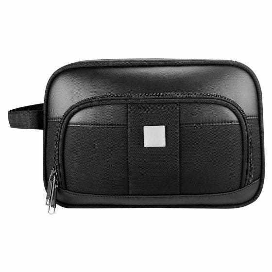 Neceser personalizado de poliéster con placa metálica para grabado láser y compartimento frontal con doble cierre.