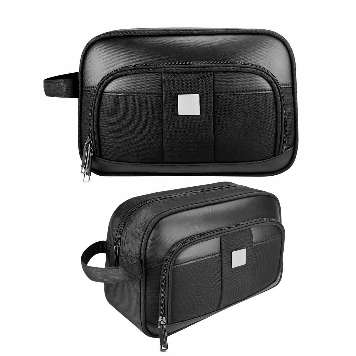 Neceser personalizado de poliéster con placa metálica para grabado láser y compartimento frontal con doble cierre.