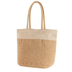 Bolsa ecológica personalizada de yute y algodón con cierre, asas de algodón y amplio espacio para promociones empresariales.