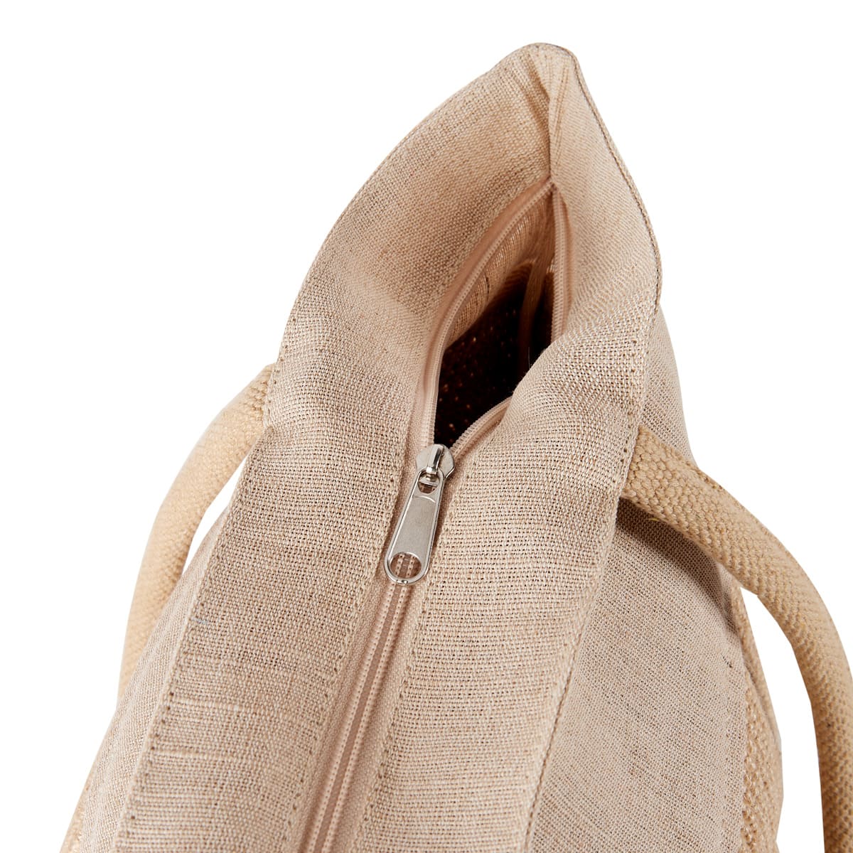 Bolsa ecológica personalizada de yute y algodón con cierre, asas de algodón y amplio espacio para promociones empresariales.