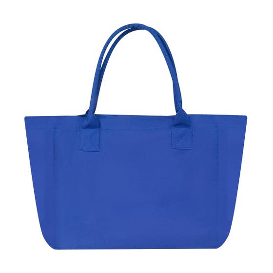 Bolsa promocional personalizada de poliéster con fuelle, asas reforzadas y bolsillo interno para eventos corporativos.