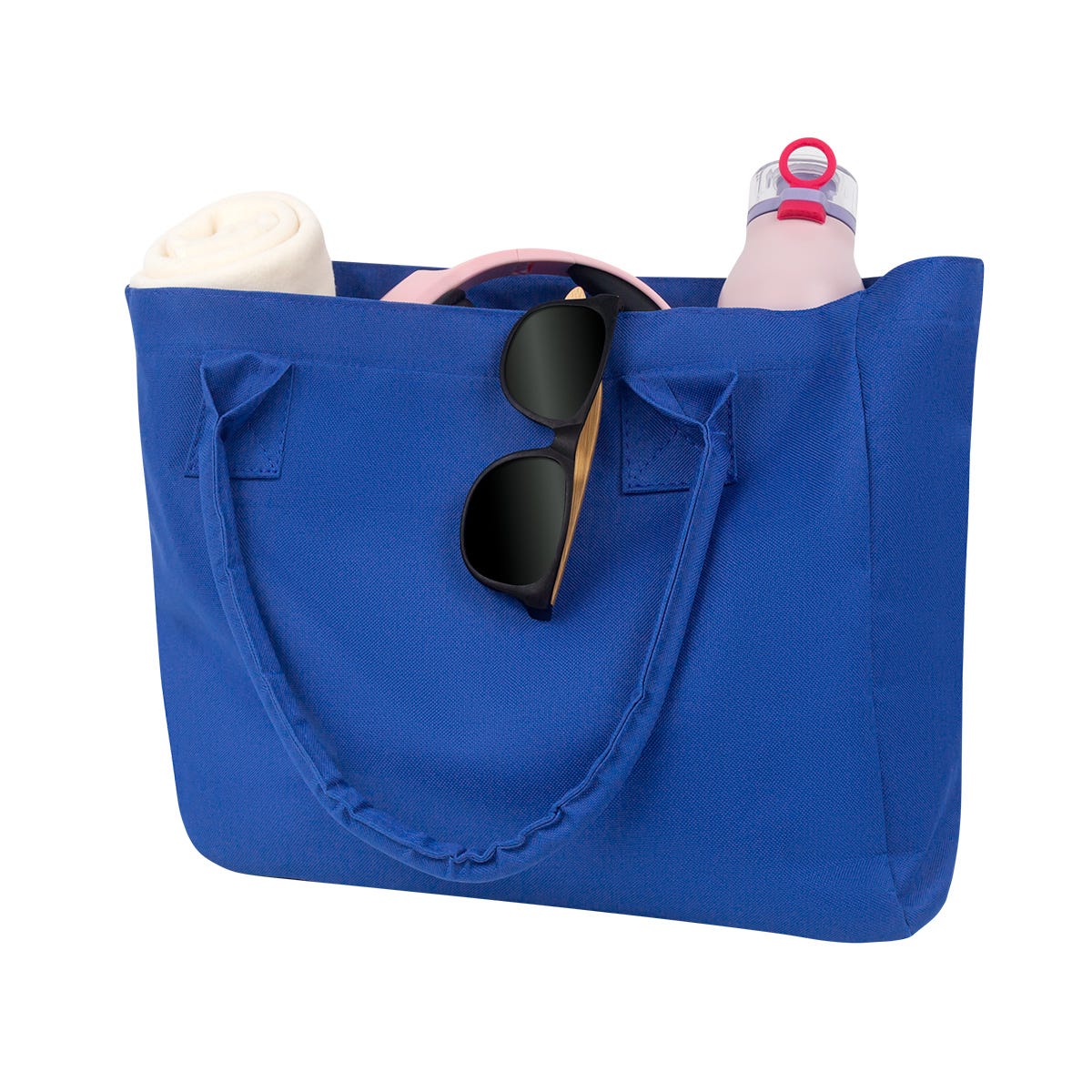 Bolsa promocional personalizada de poliéster con fuelle, asas reforzadas y bolsillo interno para eventos corporativos.
