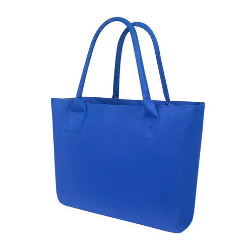 Bolsa promocional personalizada de poliéster con fuelle, asas reforzadas y bolsillo interno para eventos corporativos.