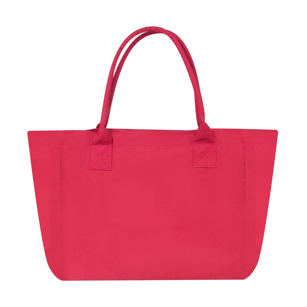 Bolsa promocional personalizada de poliéster con fuelle, asas reforzadas y bolsillo interno para eventos corporativos.