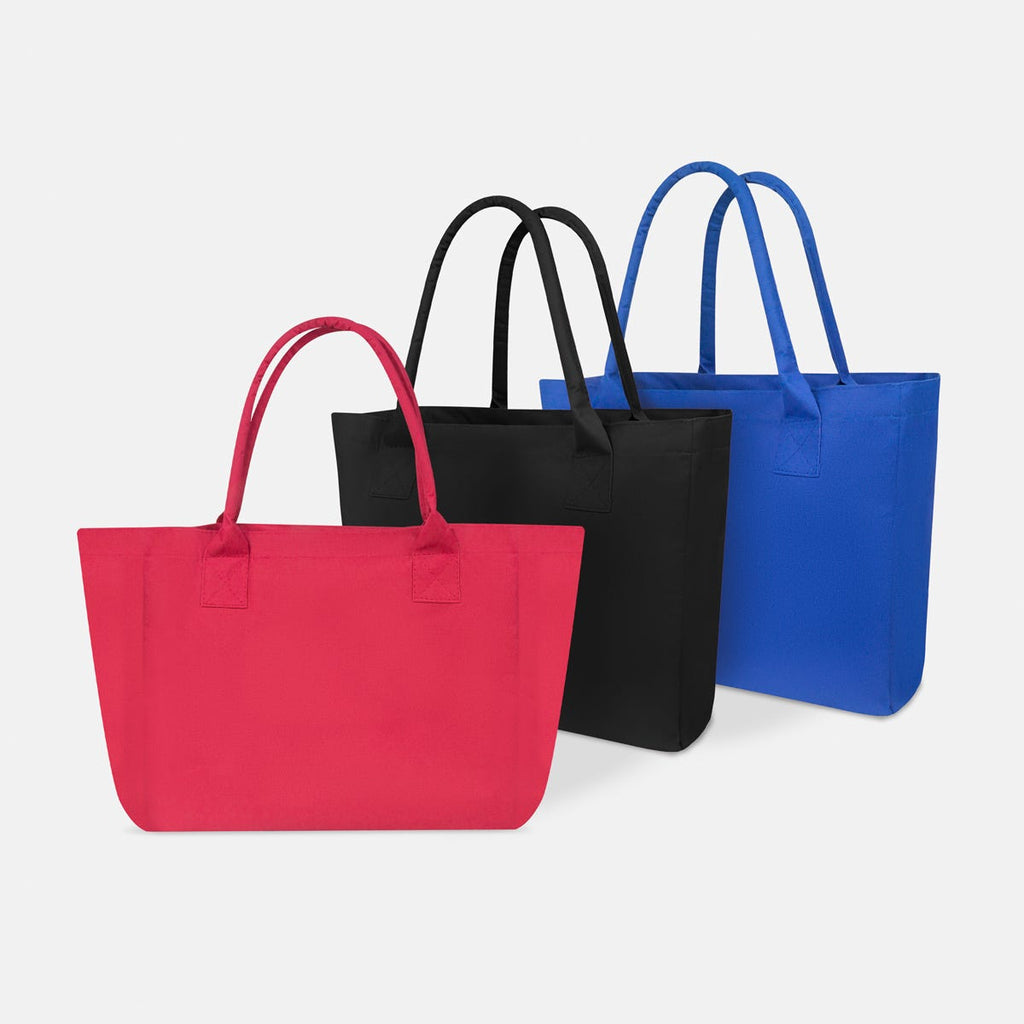 Bolsa promocional personalizada de poliéster con fuelle, asas reforzadas y bolsillo interno para eventos corporativos.