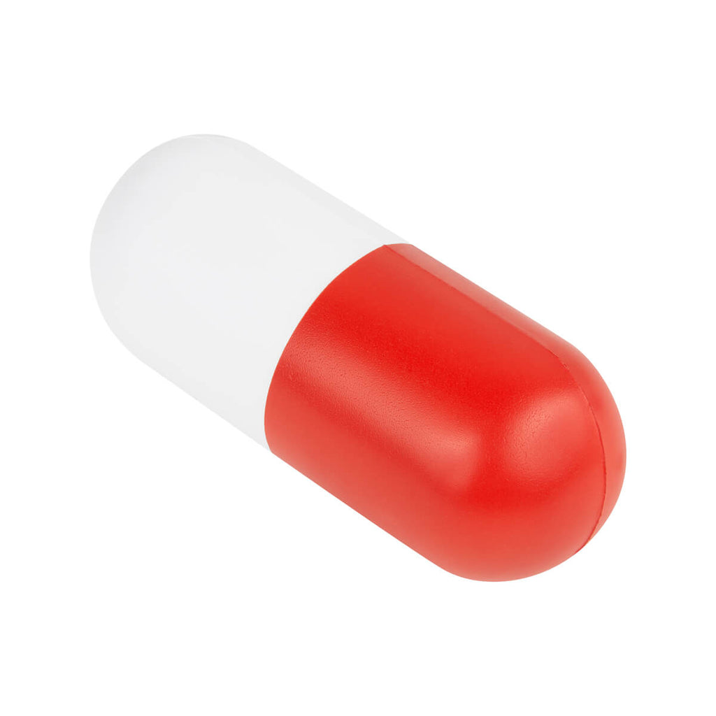 Anti-stress promocional con forma de cápsula personalizado para empresas y eventos del sector salud.