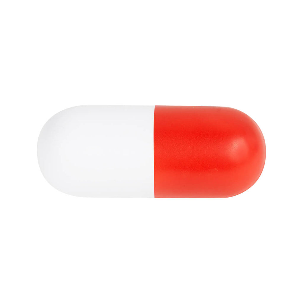 Anti-stress promocional con forma de cápsula personalizado para empresas y eventos del sector salud.