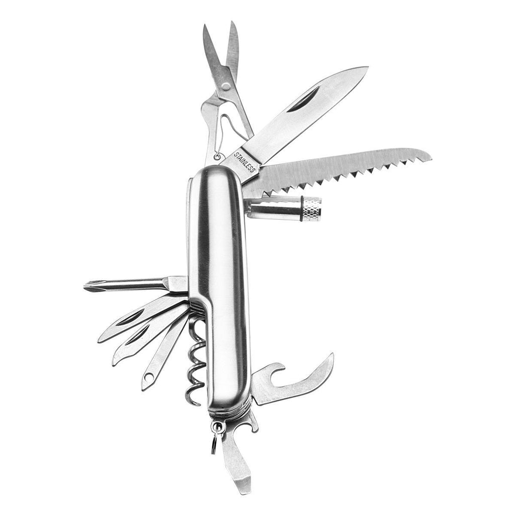 Navaja multiherramienta de bolsillo de metal con 11 funciones y lámpara LED personalizada.