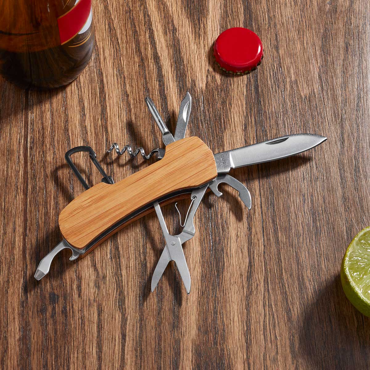 Navaja multiherramientas de bambú y metal con 8 accesorios personalizada para empresas.