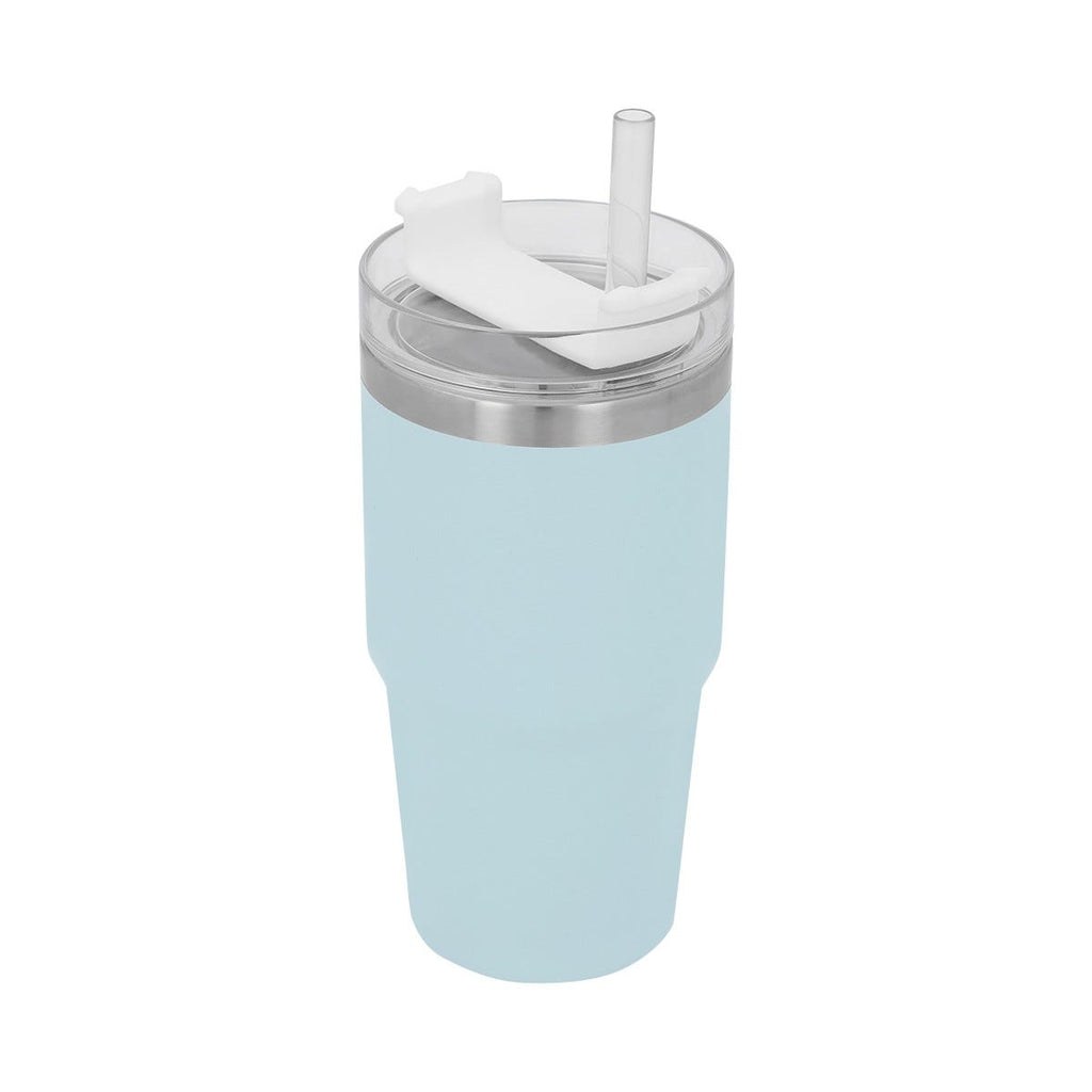 Termo de acero inoxidable personalizado de 590 ml con popote, tapa de tres posiciones y acabado rugoso para empresas.