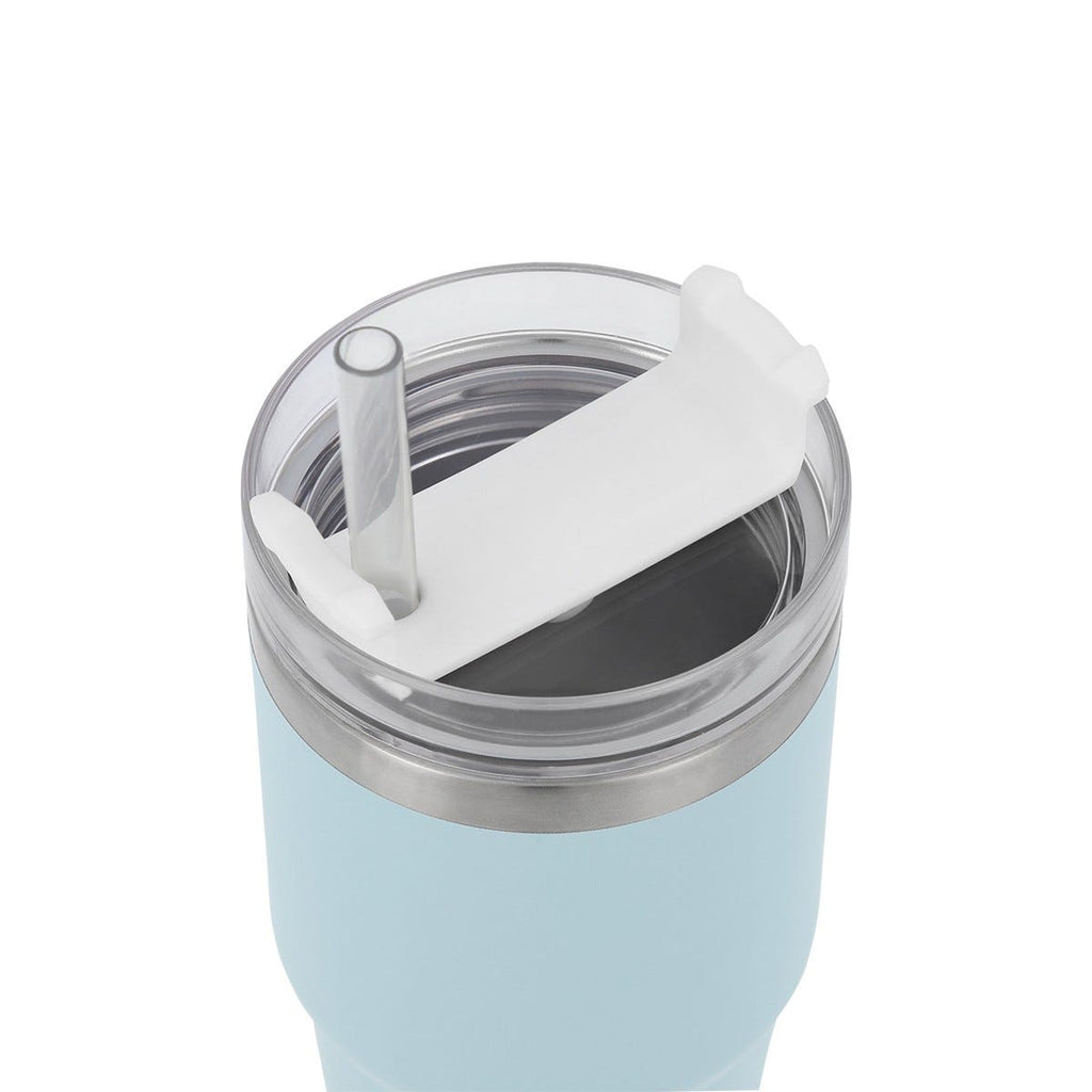 Termo de acero inoxidable personalizado de 590 ml con popote, tapa de tres posiciones y acabado rugoso para empresas.