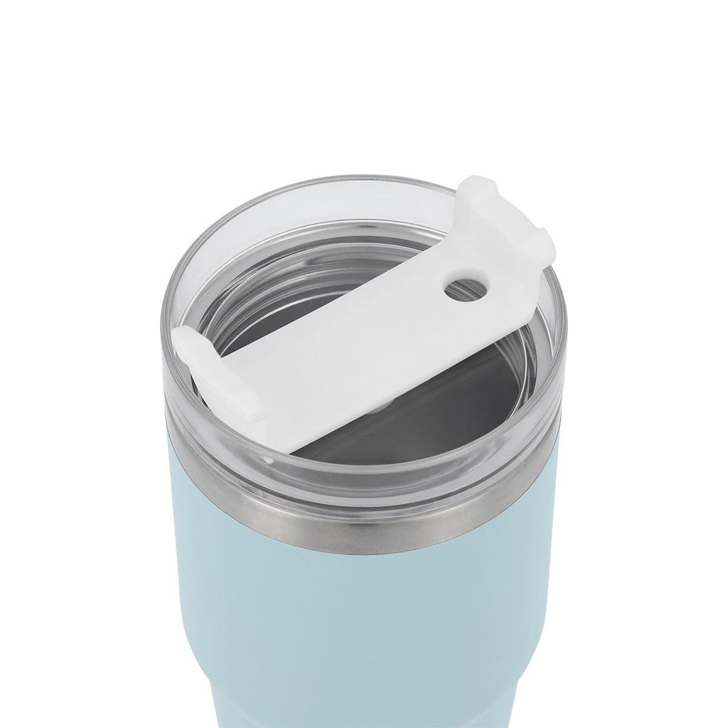 Termo de acero inoxidable personalizado de 590 ml con popote, tapa de tres posiciones y acabado rugoso para empresas.