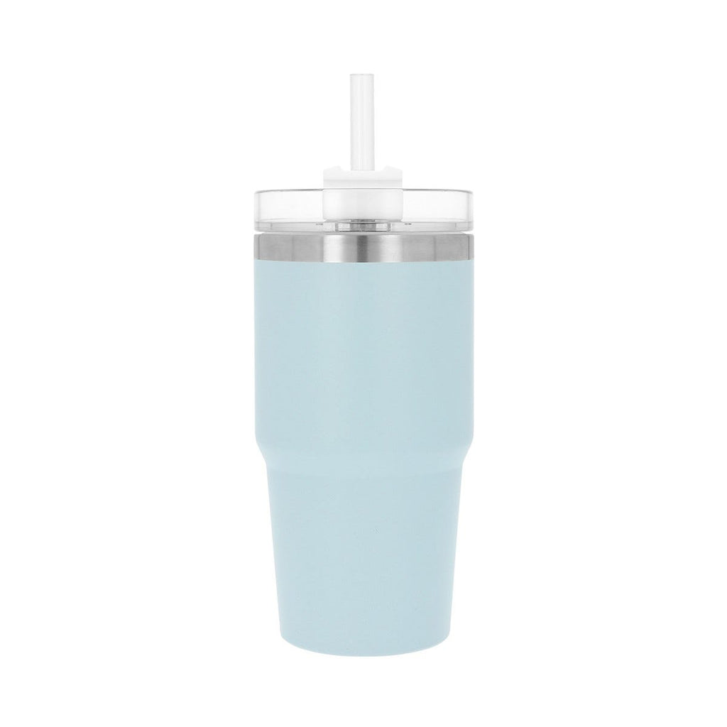 Termo de acero inoxidable personalizado de 590 ml con popote, tapa de tres posiciones y acabado rugoso para empresas.