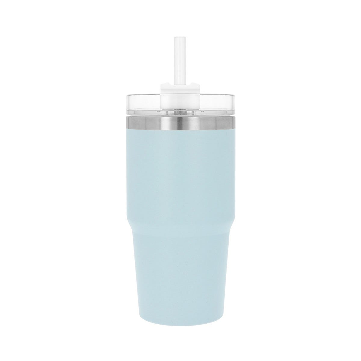 Termo de acero inoxidable personalizado de 590 ml con popote, tapa de tres posiciones y acabado rugoso para empresas.